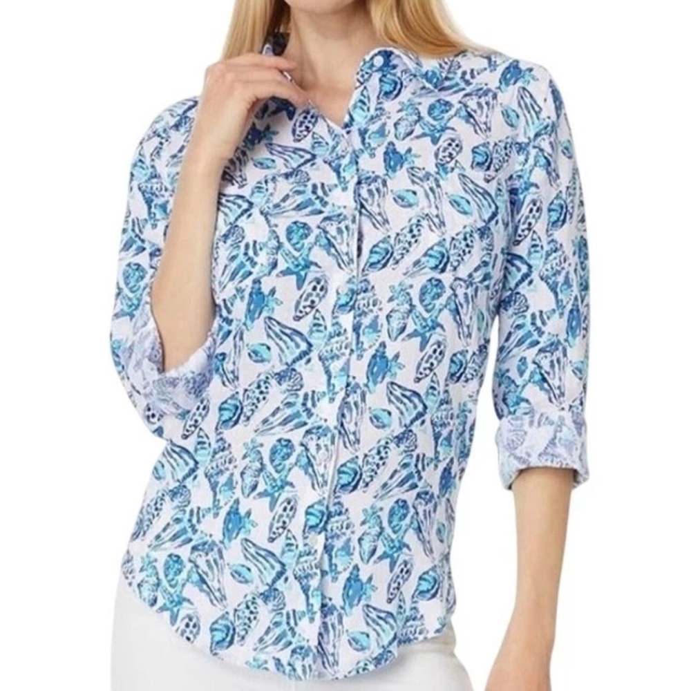 Lilly Pulitzer Women's Sea View Linen Button Down Top Shell Collector sz. Large - Picture 11 of 11